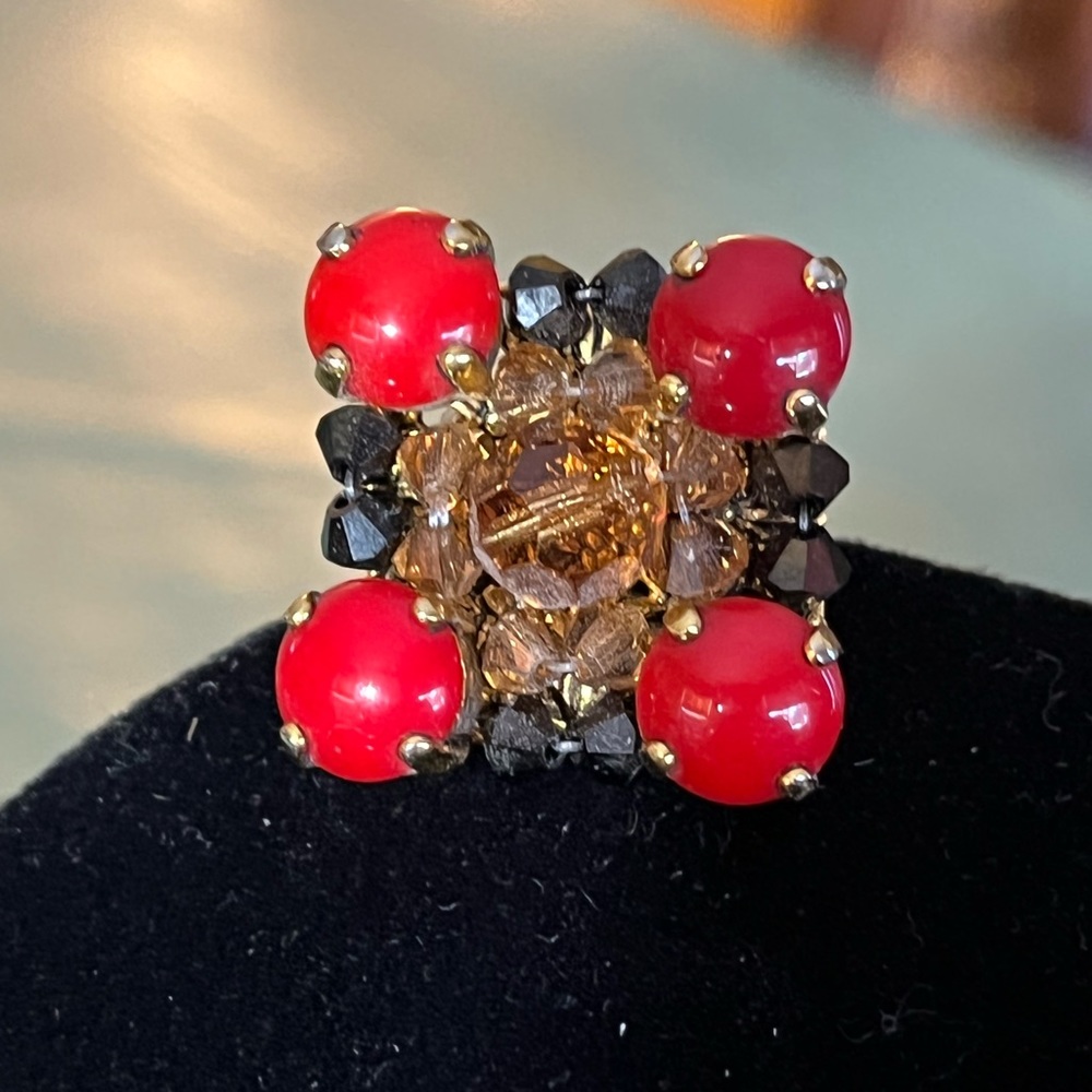 Beautiful Erickson Beamon Red Stone Beaded Square Ring